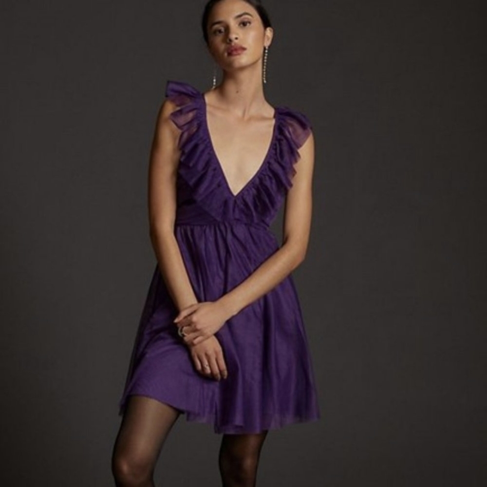 NWT Anthropologie Maeve Purple Ruffled and Tulle Mini Dress Size XL